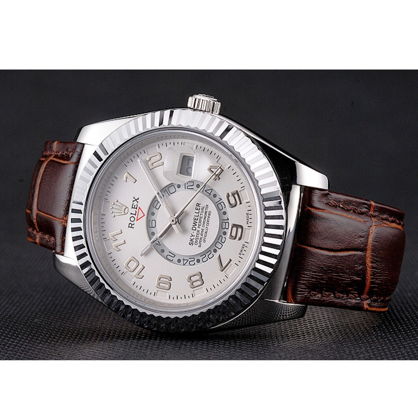 Good copy rolex watches Stainless Case Dweller Sky Rolex White Steel Dial Strap Brown Leather 0715